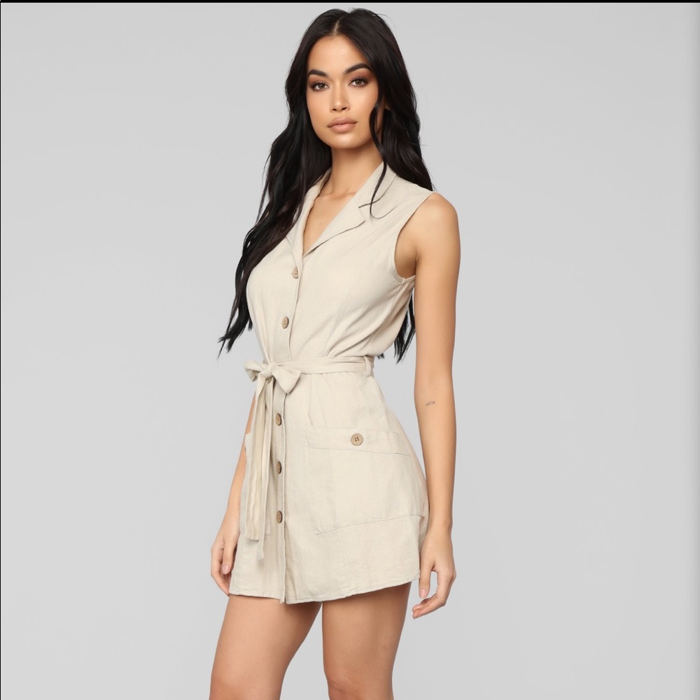 NET KHAKI BUTTON UP DRESS - Picture 2 of 3